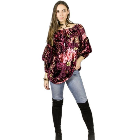 Avani del amour Beautiful Being Wine Floral Print Crushed Velvet Tunic Blouse - Picture 1 of 11